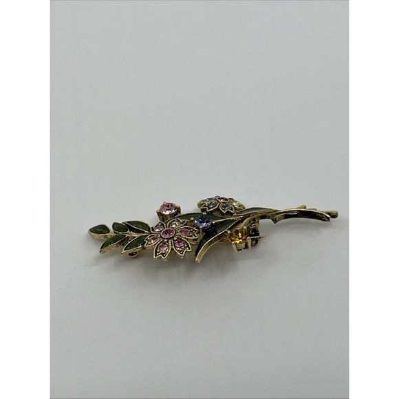 Brooch Pin flowers multicolor enamel w rhinestones Goldtone 2.25" - Picture 3 of 7